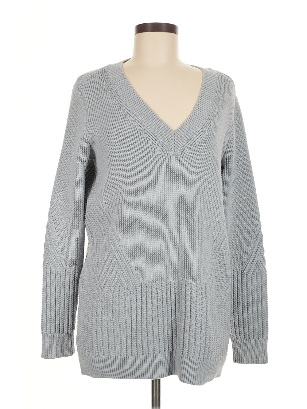 Athleta Light Gray V-Neck Ribbed Knit Sweater